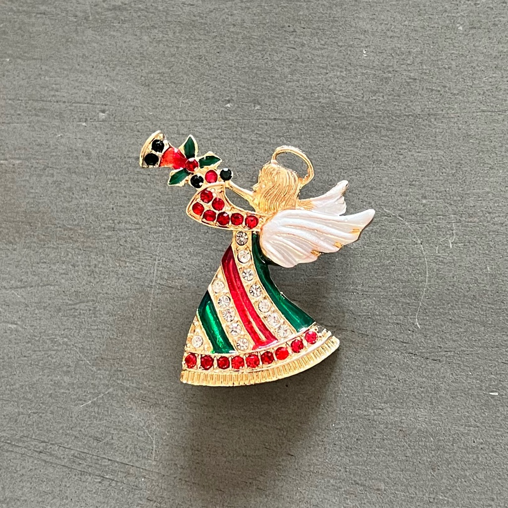 Christmas Angel Red Green Enamel Rhinestone Trumpet Holly Tree Gold Pin Brooch 10$